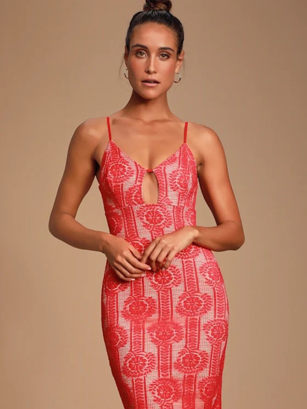 Lulus Avianna Red and Nude Lace Bodycon Mini Strap Dress Size Medium Sexy EUC - Picture 2 of 16